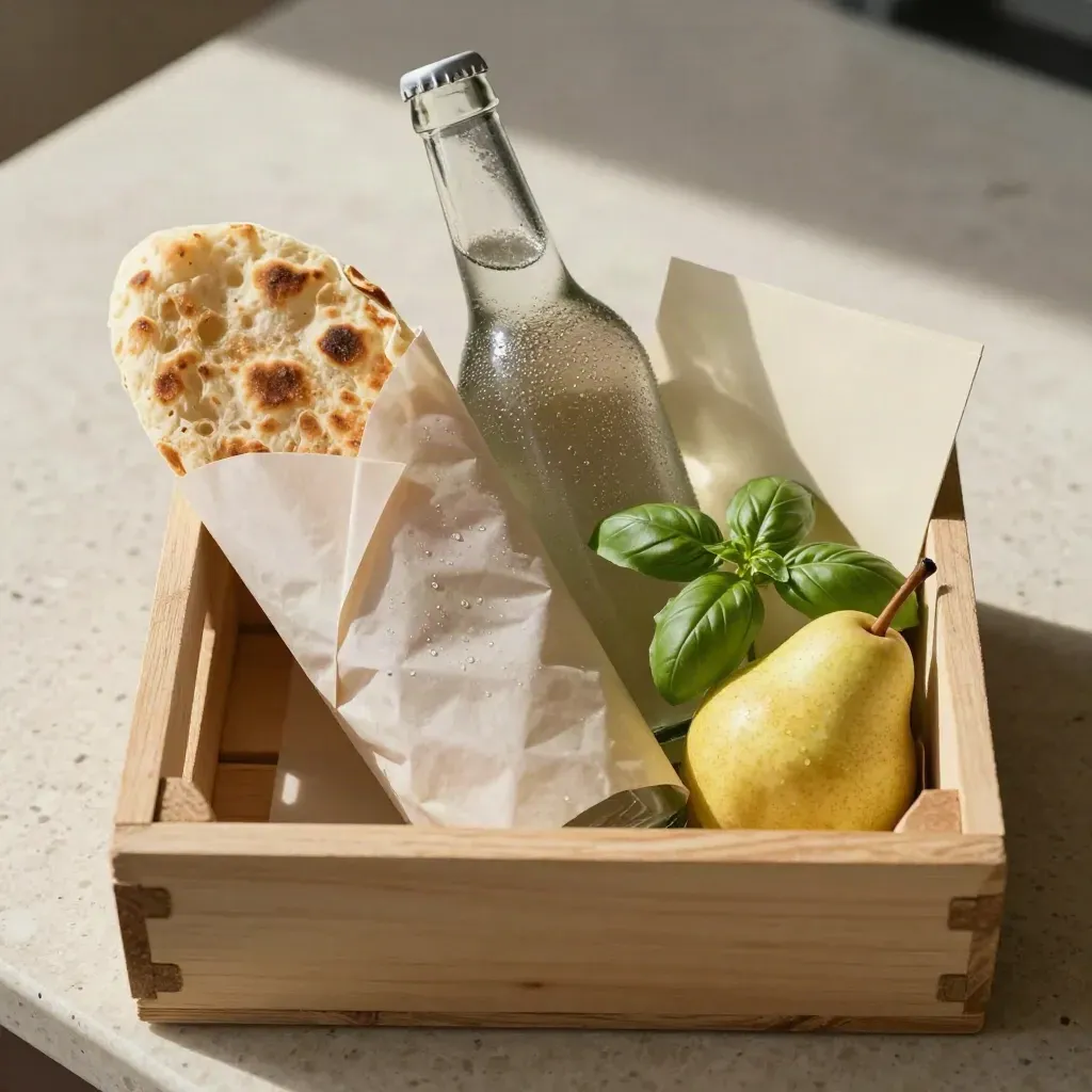 Piadina da asporto con bevanda fredda e frutta in cassetta, vista dall’alto.
