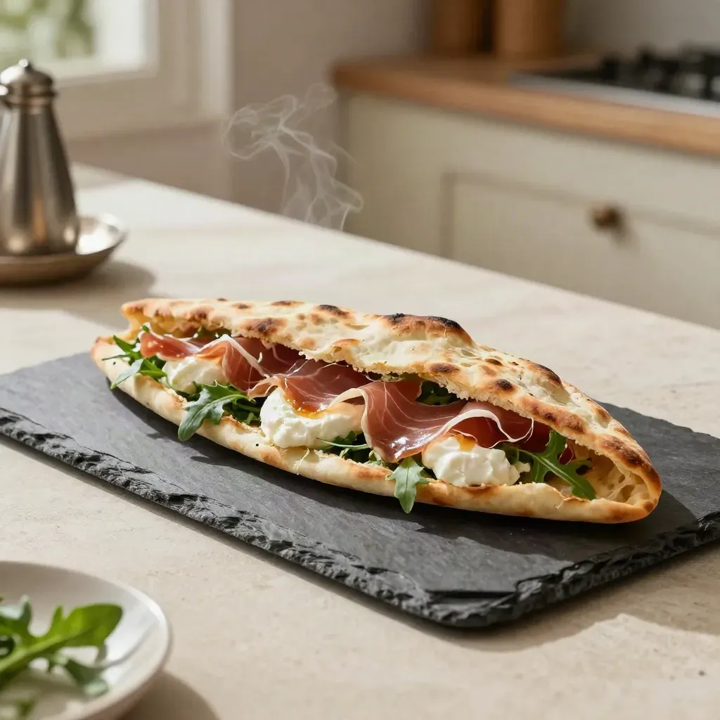 Piadina classica su ardesia con squacquerone, crudo e rucola, in luce calda.