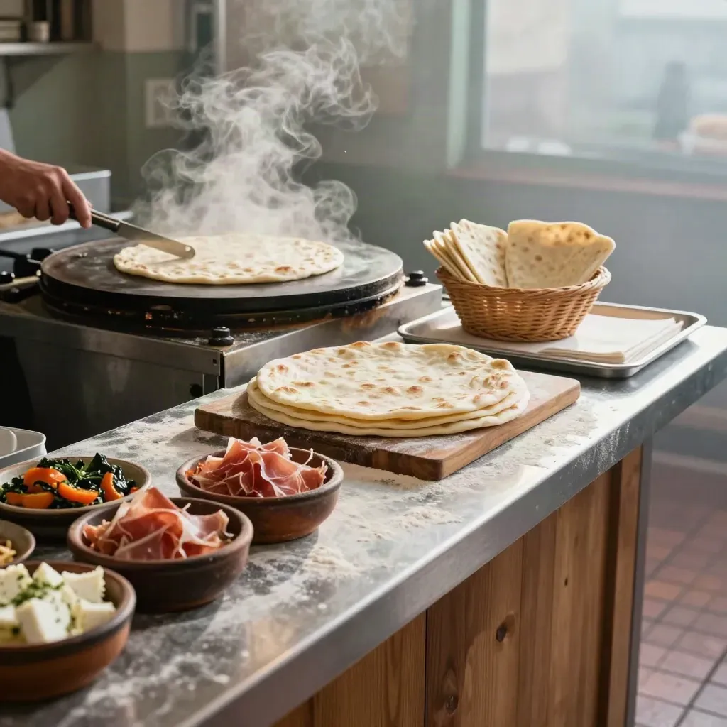 Linea piadina artigianale con piadina fumante, griglia, farine e ripieni in una cucina mattutina.