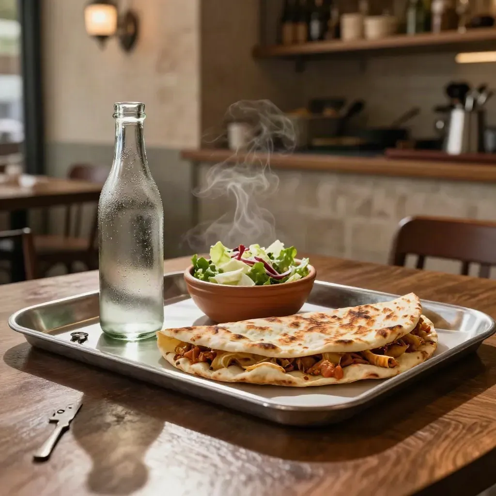 Piadina calda con insalata e bottiglia su vassoio metallico, con vapore serale.