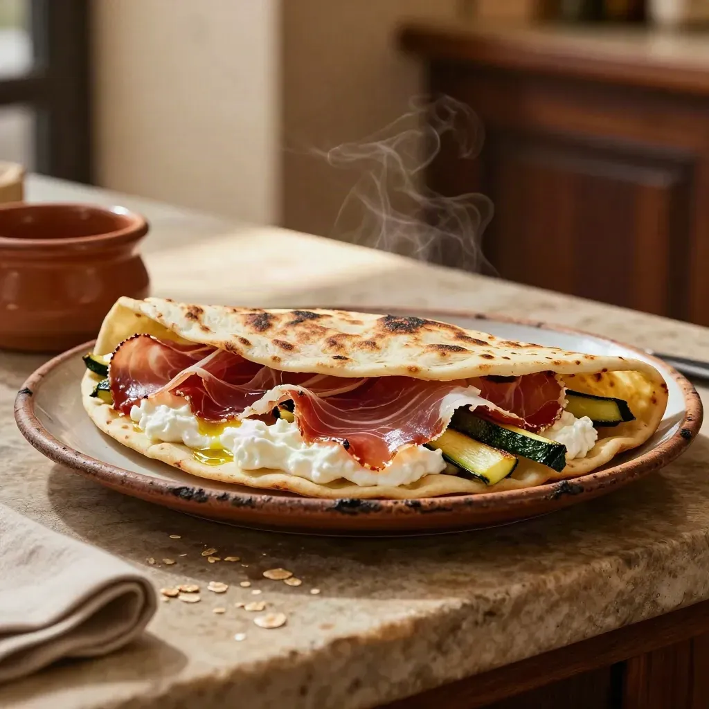 Piadina gourmet con bresaola, stracciatella e zucchine grigliate su piatto ceramico.