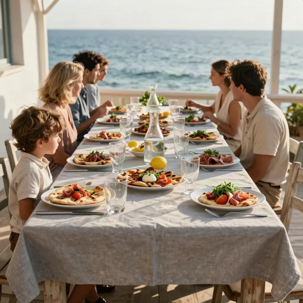 Tavolo di piadine al mare, apparecchiato e pronto, con piatti misti, limoni e bicchieri.