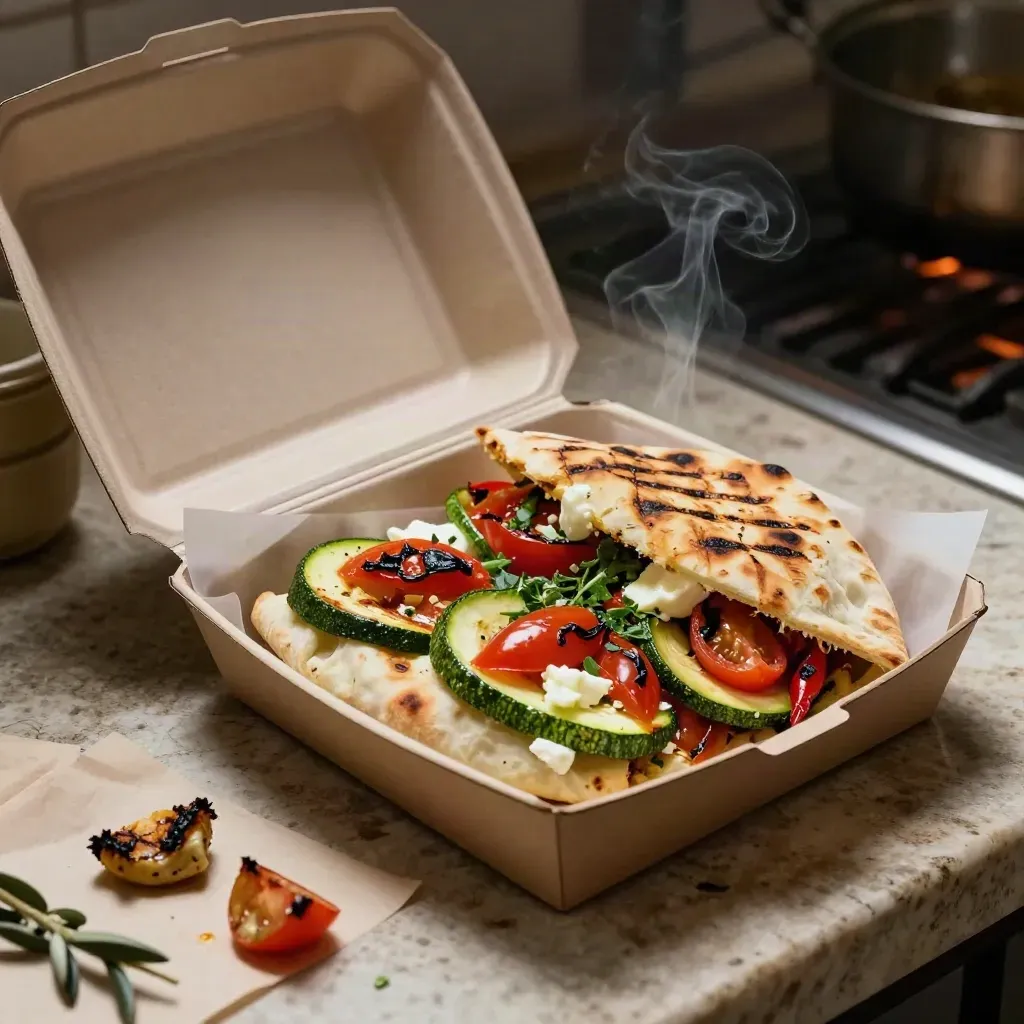 Box vegetariano aperto con verdure grigliate, formaggio morbido e piadina su banco caldo.