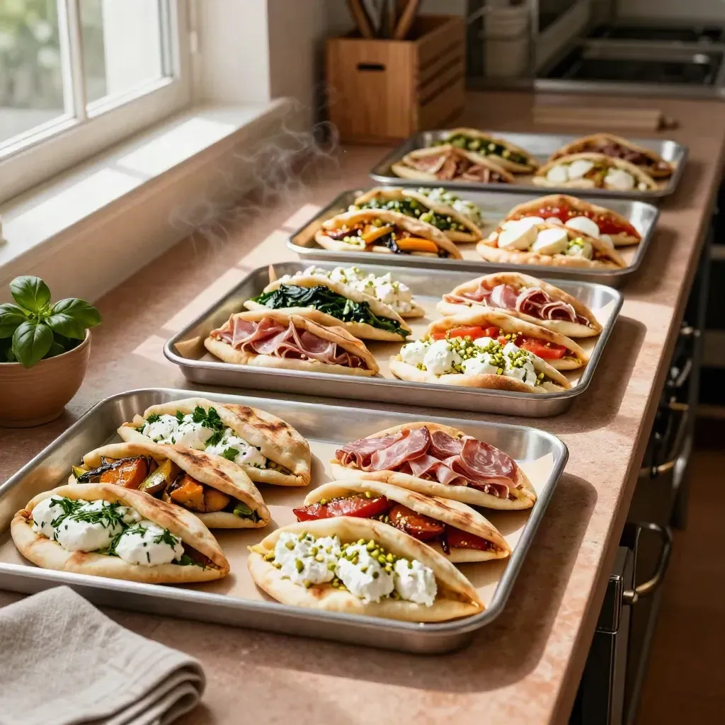 Vassoi di piadine assortite pronti al catering su banco luminoso di cucina.