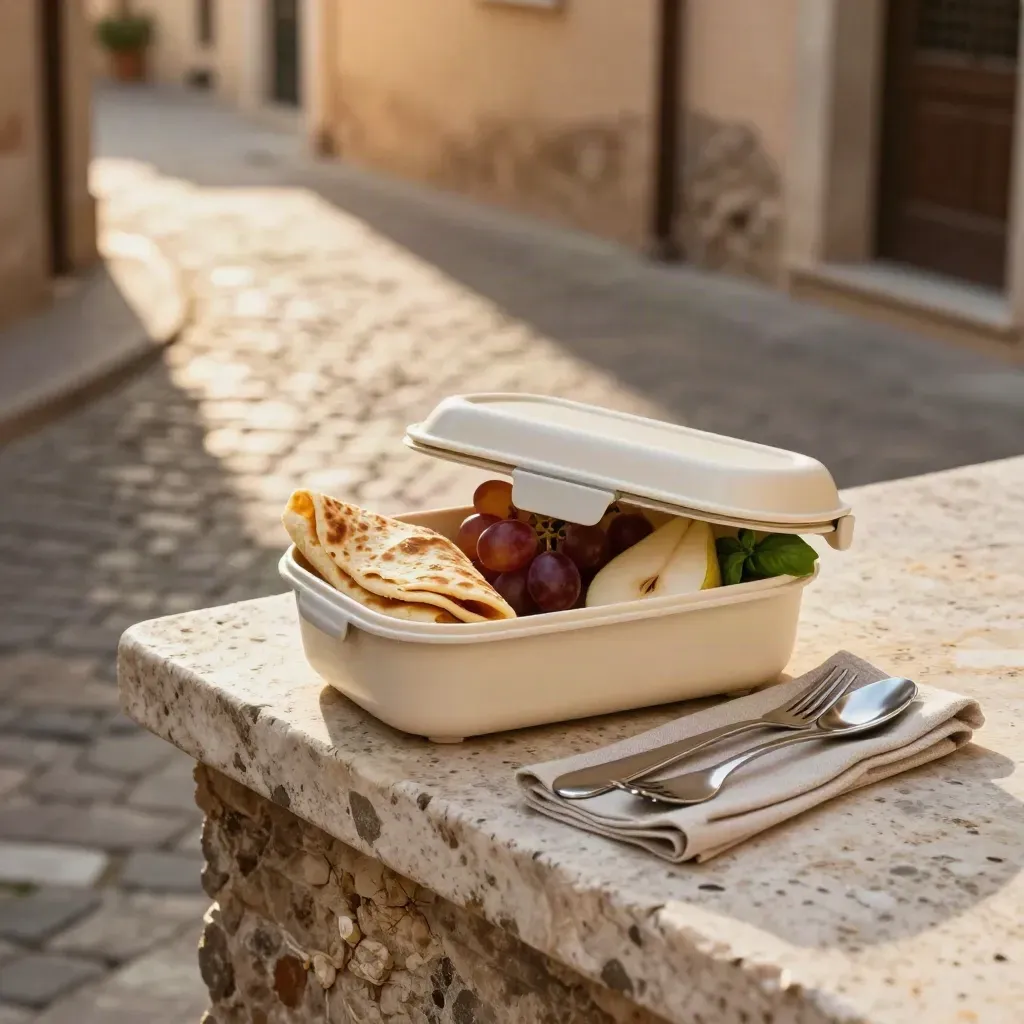 Lunch box turistico con piadina, frutta e posate riutilizzabili su un muretto di pietra