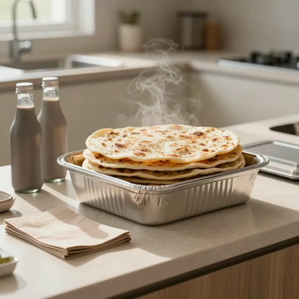 Piade calde in contenitori isotermici su un angolo cucina ufficio luminoso