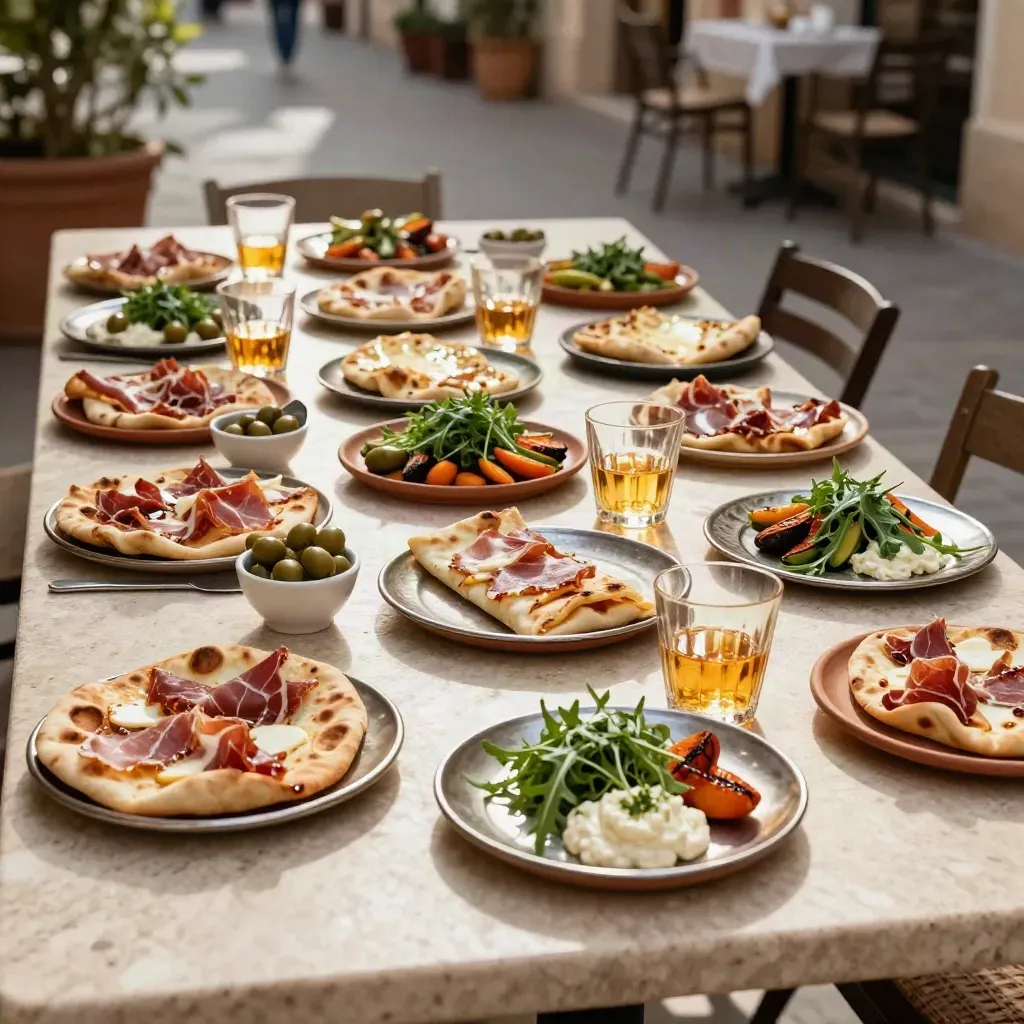 24 mini piadine su vassoi misti, olive, erbe e bicchieri pronti per l’aperitivo.