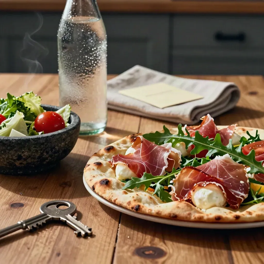 Piadina tagliata con insalata e bottiglia su tavolo di cucina, luce serale drammatica