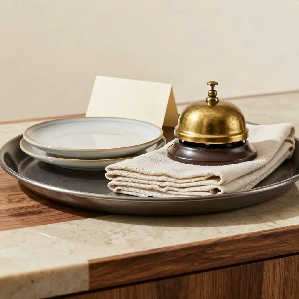 Vassoio di servizio, tovaglioli di lino, piatti ceramici e campanella di ottone su un banco caldo.