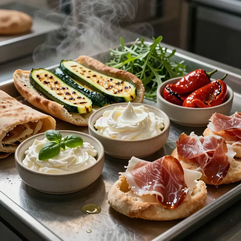 Ciotole di stracciatella, zucchine, peperoni, rucola e prosciutto su banco freddo.