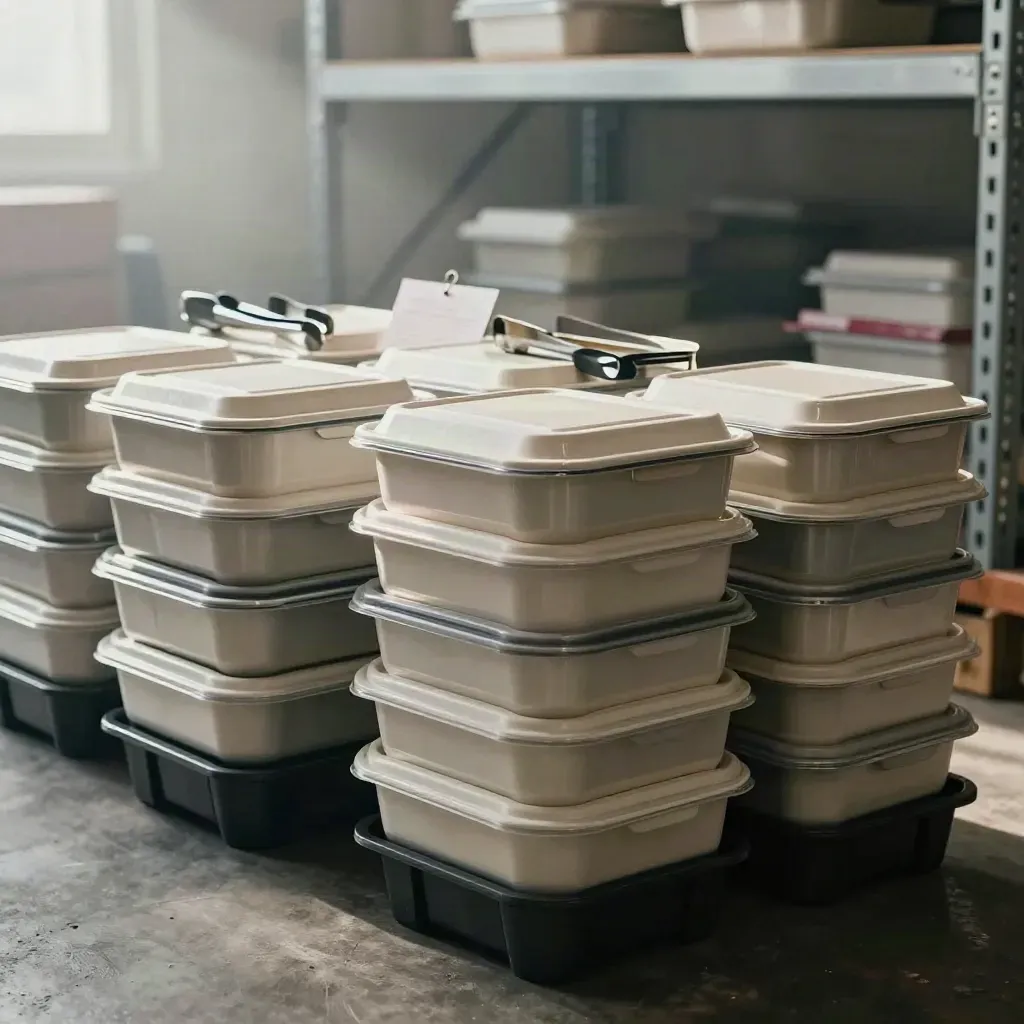Trays da catering impilati con cassette di trasporto e pinze, in un magazzino luminoso