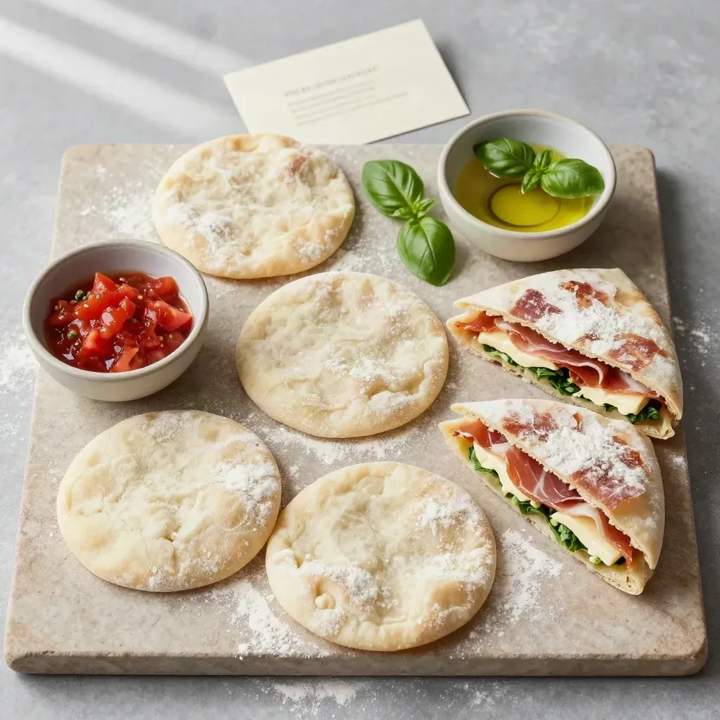 Flatlay con piadine, ripieni e ciotole ingredienti su pietra chiara