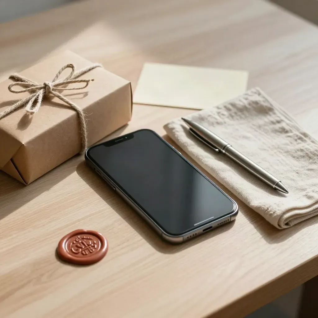 Smartphone, scatola kraft sigillata, penna e tovagliolo di lino su legno chiaro.
