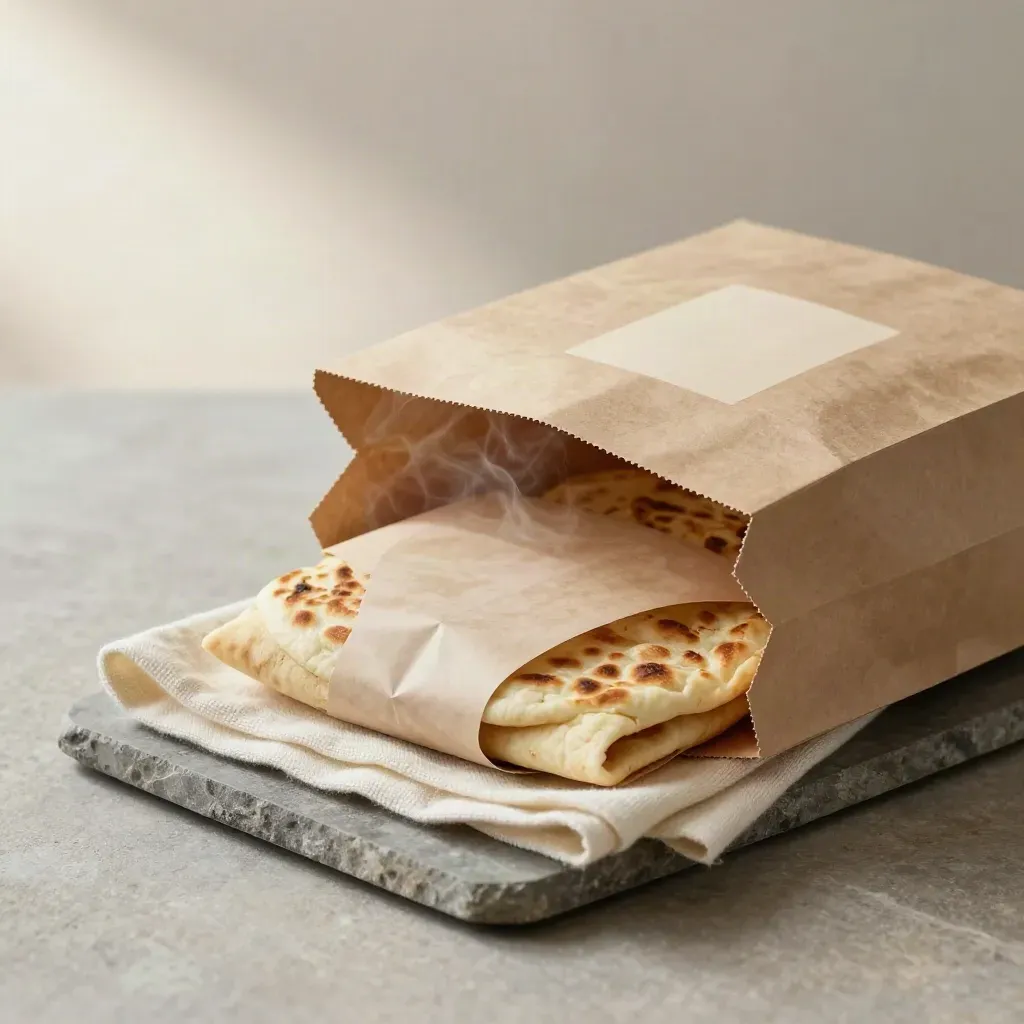 Sacchetto takeaway aperto con piadine calde avvolte su vassoio di pietra