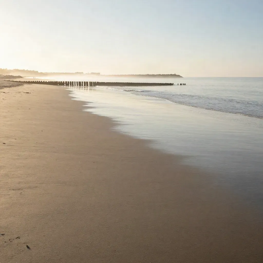 Veduta dorata di Rimini Nord con molo alto e spiaggia bagnata in primo piano