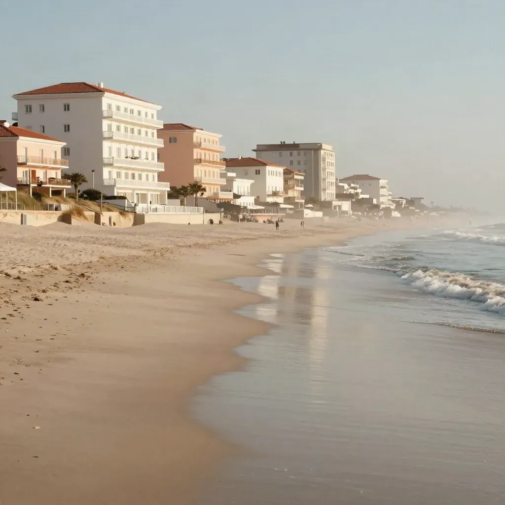 Riccione al tramonto, hotel pastello e mare calmo in alto con spazio vuoto sotto