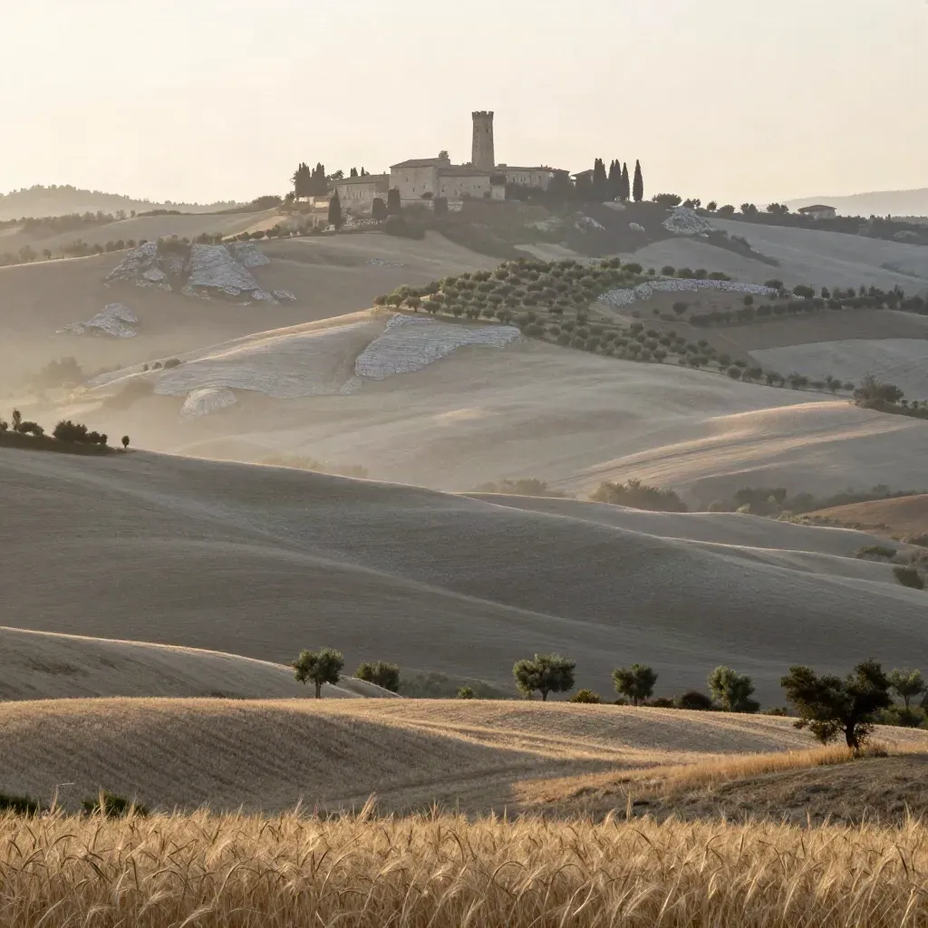 Colline del Verucchio con uliveti, foschia mattutina e torri in lontananza