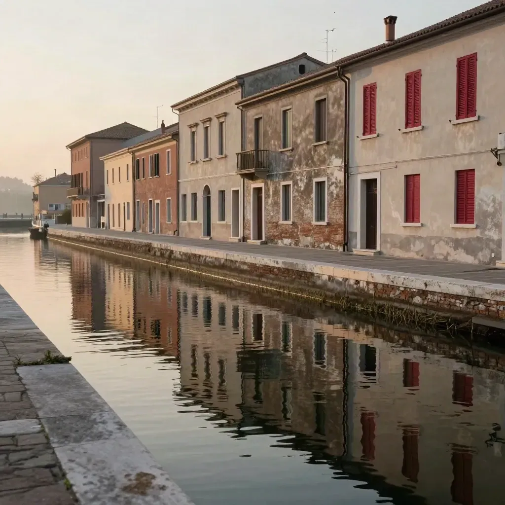 Canale di Cesenatico al tramonto, facciate alte e acqua calma con moli in pietra.